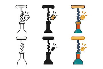 Corkscrew Evolution Artistry. Corkscrew twisting into wine bottle with cork popping out, first in line style with thin outline,