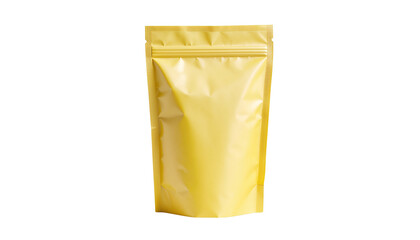 A golden yellow stand up pouch with a zip lock closure, centered in the frame and facing forward, casting shadows on white and transparent
