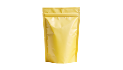 A golden yellow stand up pouch with a zip lock closure, centered in the frame and facing forward, casting shadows on white and transparent