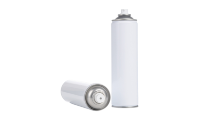 Two aerosol spray cans one standing upright and one lying down with silver tops and white bodies on white and transparent