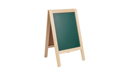 A-frame chalkboard with a light wood frame and a dark green writing surface standing on a white surface alpha channel with white background