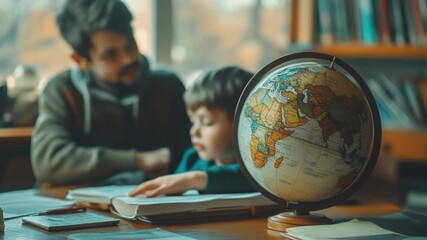 Video A man and a young boy sit together at a table, looking at a globe quality footage - Powered by Adobe
