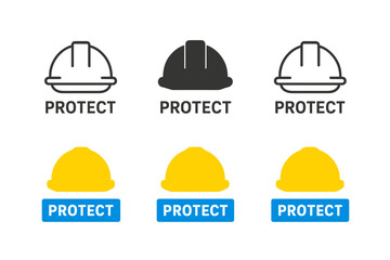 Fototapeta premium Diverse Hard Hat Styles. Hard Hat Protect first in line style with thin outline, second in solid style filled shape, third in flat