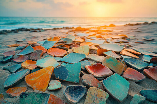 Colorful Pottery Shards on Beach