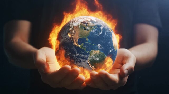 Human hands cradling a fiery Earth, symbolizing the urgent global warming crisis and the imperative for environmental action to protect our planet