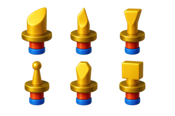 Set of six gold colored objects with blue and red accents