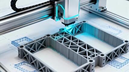 Medium shot capturing hightech 3D printing process producing lightweight modular formwork components for efficient onsite assembly.