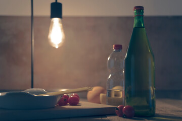 Bottle of wine on the wooden table,  close-up