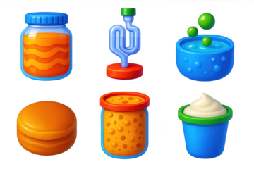 Set of six cartoon food items, including a cup, a jar, and a bowl