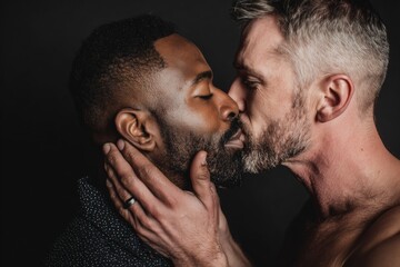 Fototapeta premium Man Kisses Another Mans Cheek While Gently Touching His Neck in a Close-Up Scene