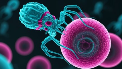 Bacteriophage virus attacking a living cell. Microbiology, virology, immunology, and medicine concept. 3d rendering for scientific education.