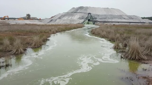 Medium shot showing water runoff near a phosphate mining site illustrating contamination risks and potential ecosystem damage.