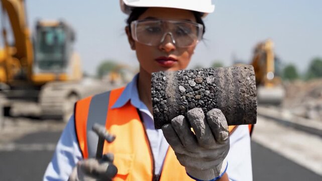 Female engineer in safety gear examines asphalt core sample using hammer at road construction site. Concept of quality control, infrastructure development and industrial engineering.