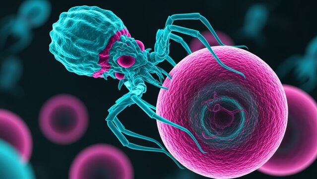 Bacteriophage virus attacking a living cell. Microbiology, virology, immunology, and medicine concept. 3d rendering for scientific education.