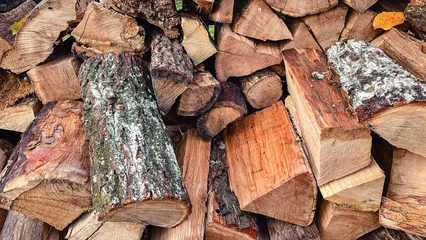 Fototapete Rund Brennholz Detail of stacked rough-barked firewood logs with an orange autumn leaf, a cozy natural texture  © emerald17