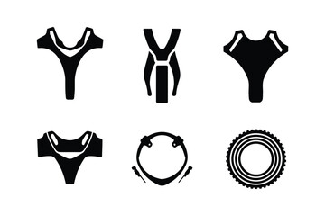 Collection of stylized black silhouette icons of swimwear and bicycle parts