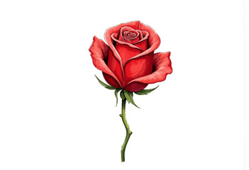 Fototapeta premium Vibrant Red Rose Blooming with Elegance and Intricate Petal Details on a Pristine White Background Conveys Timeless Beauty and Symbolizes Love and Passion