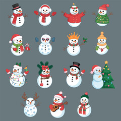 Collection of diverse cartoon snowmen characters dressed for winter season