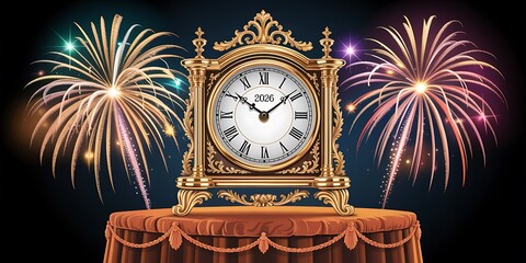 Ornate golden clock showing 2026 with fireworks on dark background antique vintage