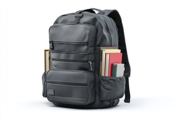 Fototapeta premium School Backpack Filled With Books Set Against a White Background With High Detail and Focus Creating a Clear Presentation of Materials
