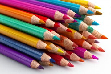 Color Pencils Arranged in a Scattered Layout on a White Background With Focus on Detail and Color Accuracy