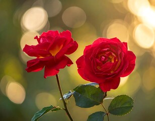 Two vibrant red roses, backlit by golden bokeh, on a green stem