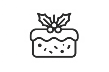 Traditional holiday christmas pudding icon with holly berries and leaves, line art drawing on a transparent background