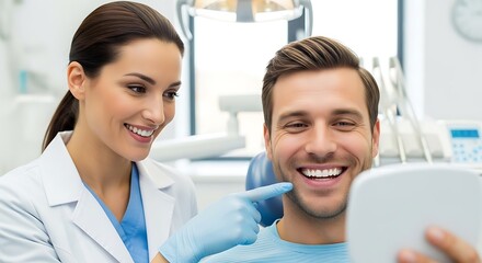 Fototapeta premium Dentist and patient smiling at each other after dental procedure.