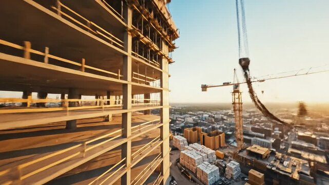 FPV drone flying through the concrete frame of an unfinished skyscraper at sunset. Dynamic view of urban construction progress suitable for industrial and real estate projects.