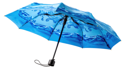Blue Umbrella: A detailed shot of an open, blue umbrella, featuring intricate water-themed illustrations and a sleek, compact design.