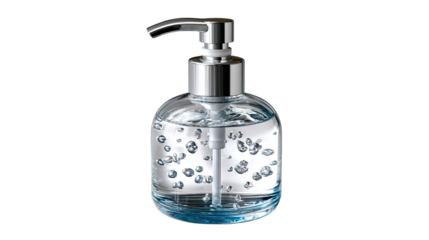 Liquid Hand Soap Dispenser: A transparent dispenser filled with clear liquid and visible bubbles, showcasing its modern design and functionality for hygiene.