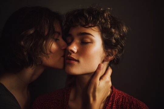 Voman Kisses Another Vomans Cheek and Touches Her Neck in Warm Moment Indoors at Night