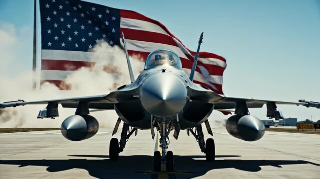 Low-angle shot of a fighter jet preparing for takeoff on a sunny day, with smoke rising and the American flag waving patriotically in the background, embodying the concept of ''national
