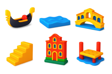 Set of six toy figures, including a boat, a house, and a bridge