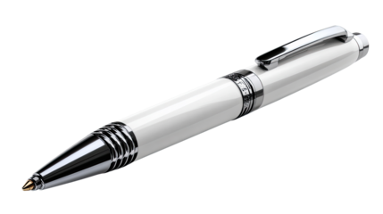 Elegant Pen: A close-up shot of a pristine, white pen, showcasing its sleek design, metal accents, and a sense of professionalism.