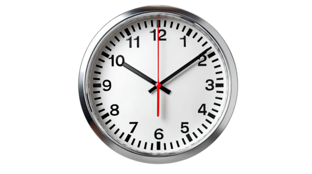 Clock Face Precision: A close-up view of a circular clock showcases precise timekeeping, featuring hands elegantly pointing to the hour. The crisp, clean face has a modern aesthetic.