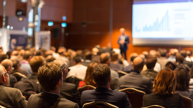 Audience listening to a presenter at a business conference seminar
