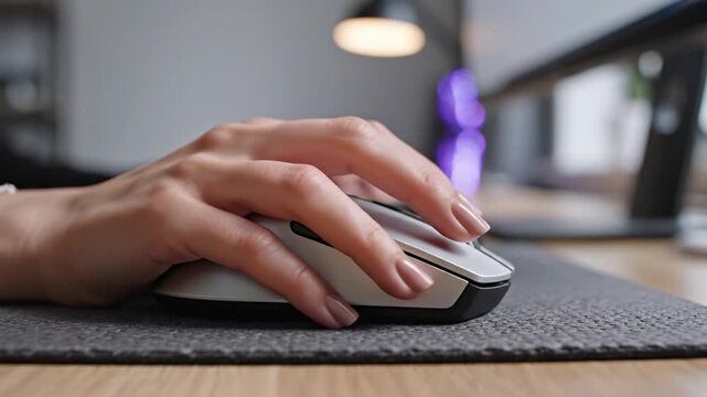 Close up of female hand operating wireless computer mouse on desk. Modern office workspace scene perfect for business, technology and remote work concepts.