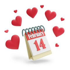 Cartoon-style calendar with the date February 14th isolated on white background. Valentine's Day concept. 3D illustration.