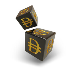 Black dice with dirham sign isolated on white background. 3d illustration.