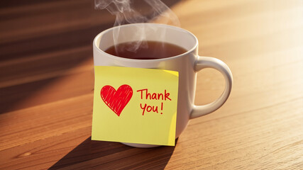Coffee mug with sticky note saying "Thank You" on wooden table