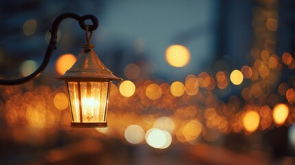 A lantern casts a golden light while colorful bokeh lights create a festive atmosphere at dusk.