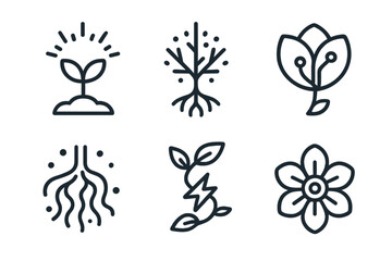 Bio-Digital Bloom Icons. Line style icons of Bio-Digital Bloom: radiant seedling, glowing vein, hybrid petal, fluid root, electric