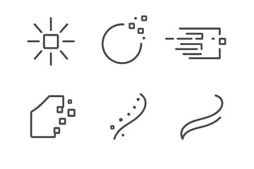 Technodust Line Icons. Line style icons of Technodust: radiant byte, drifting glow, dissolving pixel, fading fragment, curved