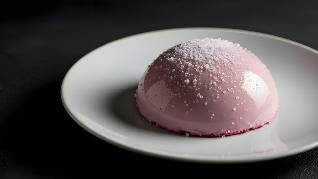 Glossy pink dome mousse cake topped with white sugar crystals on plate.