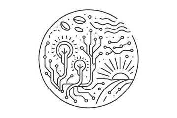 Fototapeta premium Luminous Digital Ecosystem. Line style vector icons of Digital Ecosystem: luminous trees, floating seeds, curved circuits, energy