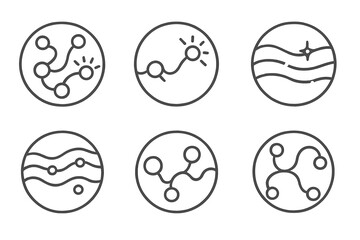 Fototapeta premium Feeling Maps Icons. Line style vector icons of Feeling Maps: curved lines, pulsing nodes, luminous trails, gentle waves, glowing