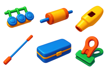 Collection of various items, including a toy whistle, a toy musical instrument