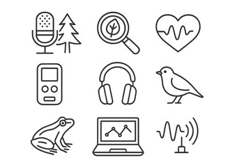 Acoustic Ecology Icons. Line style icons of Acoustic Ecology: Forest Microphone, Species Identification, Soundscape Health, Data