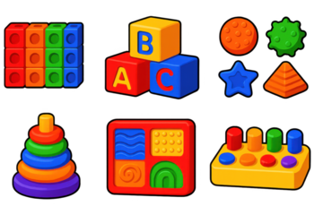Collection of colorful toys including blocks, a star, and a rattle